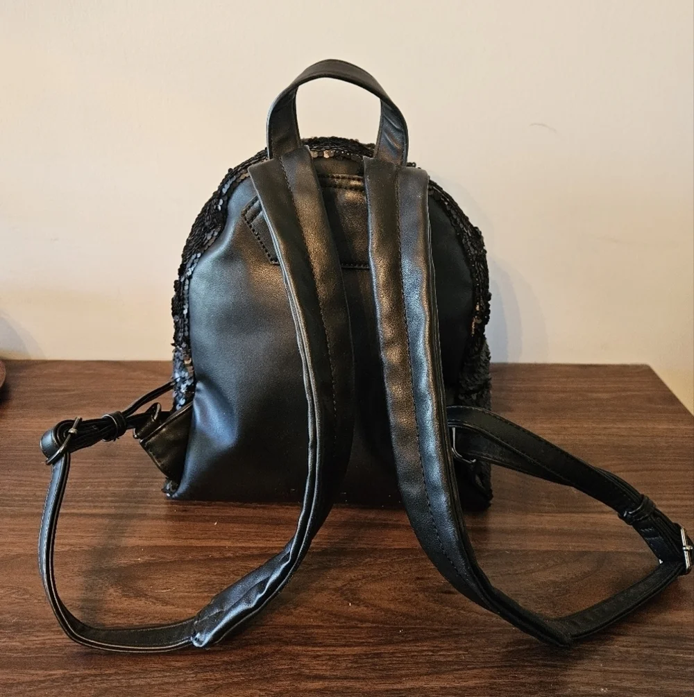 Black Sequined Faux Leather Small Backpack Adjustable Strap Silvertone Hardware